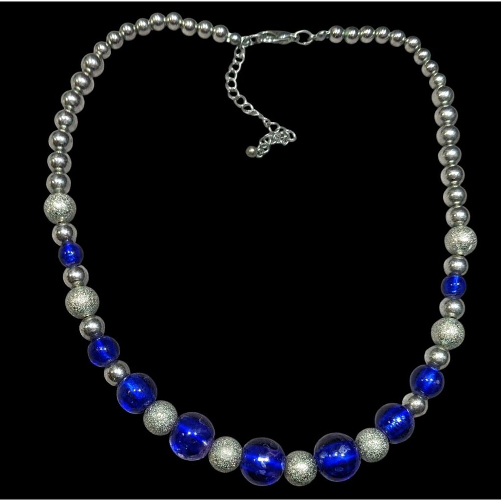 Casual Blue And Silver Tone Metal And Glass Beaded Necklace